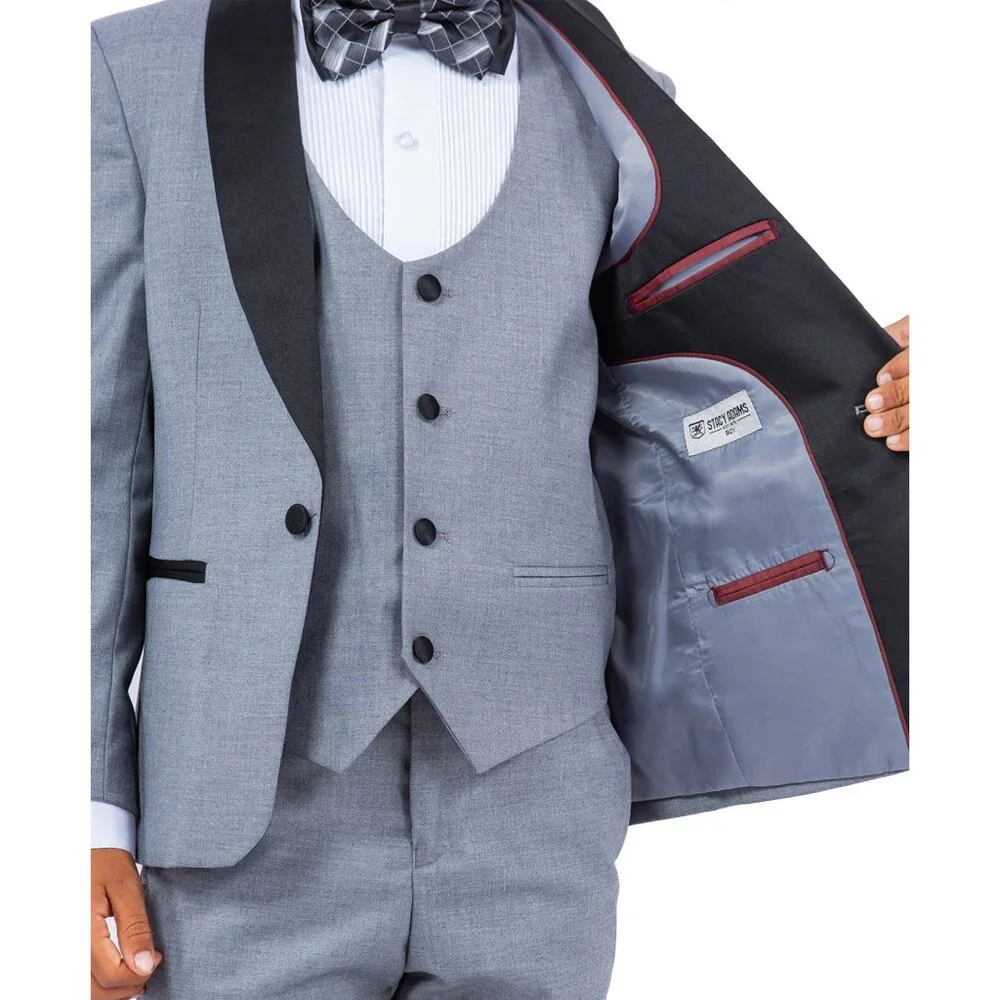 Stacy Adams Boys Mid Gray Tuxedo Set, 5-Piece Black Shawl Collar - Picture 2 of 5